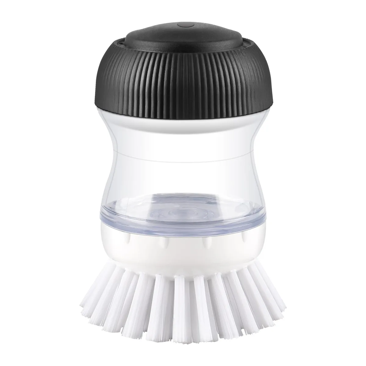 Black palm-sized dish brush with clear soap reservoir and white bristles