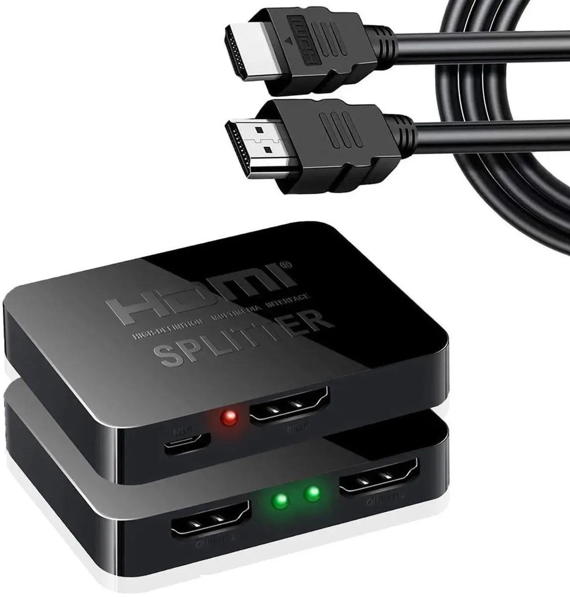 Small black metal box with two HDMI ports and a five foot cable attached