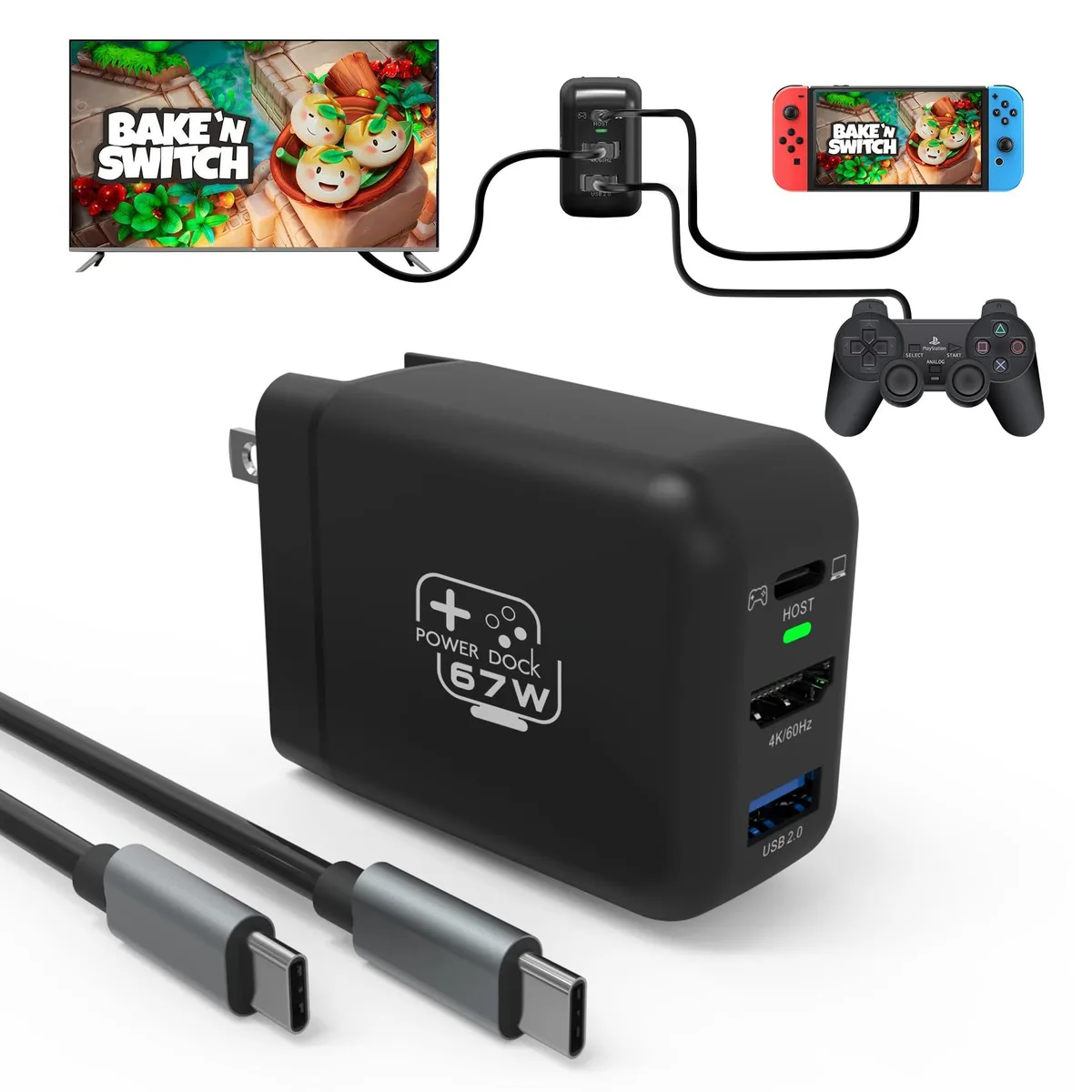 Compact black USB-C dock with foldable US plug and HDMI port