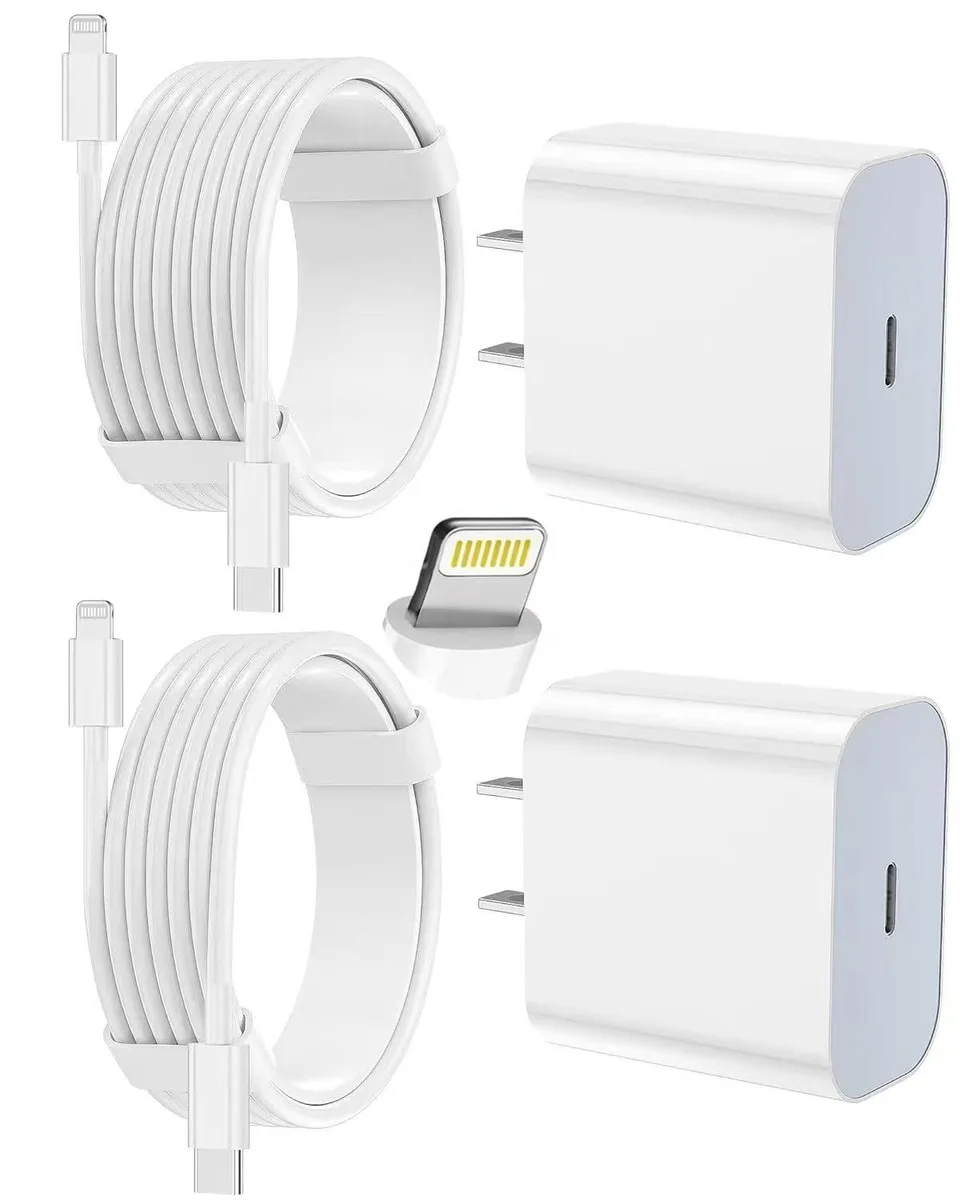 Two white USB-C to Lightning cables coiled beside a compact wall charger