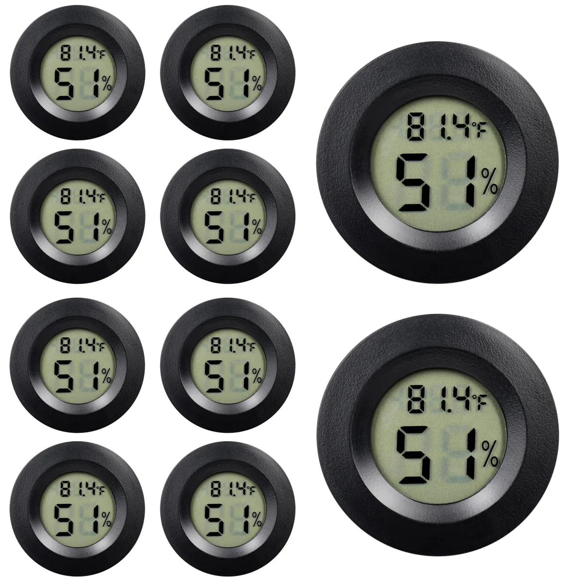 Ten small black round digital hygrometer thermometers with LCD screens