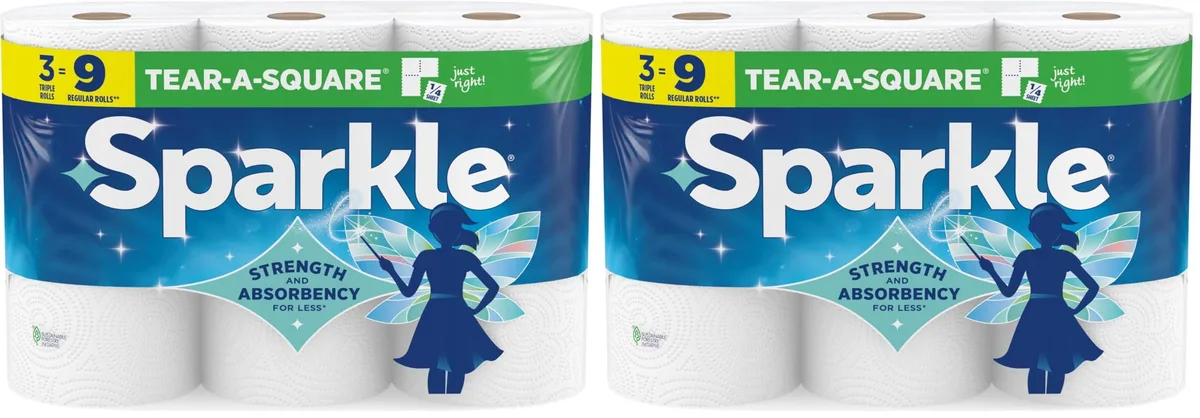 Two packs of three white triple-roll paper towels with perforated pick-a-size sheets