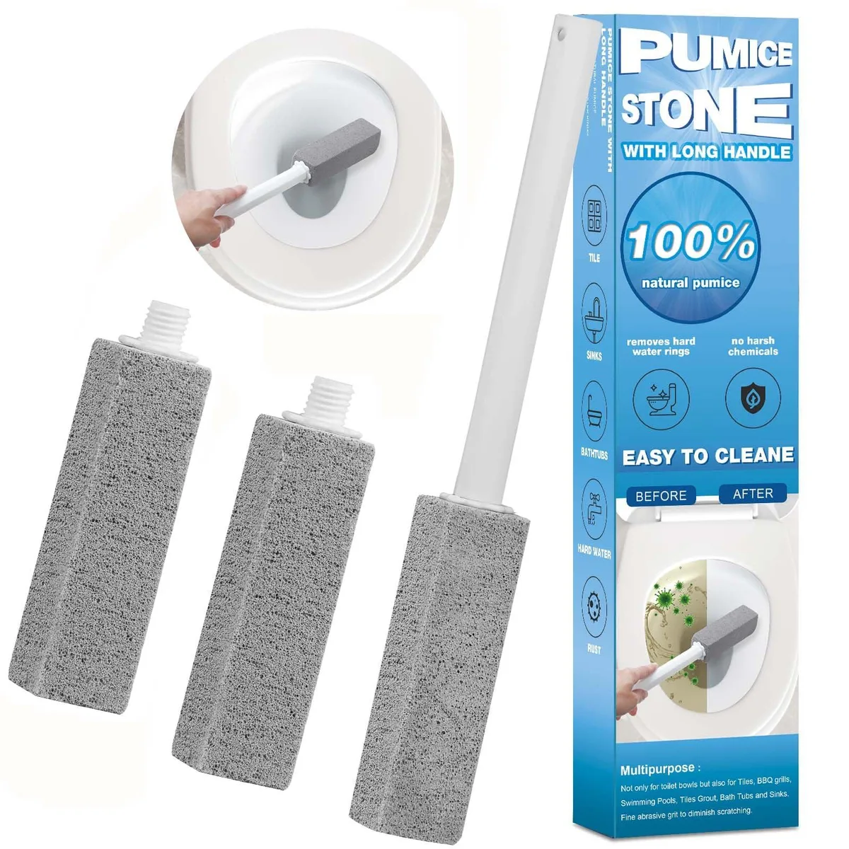 Three natural pumice stones with 13.5-inch handle for toilet and surface cleaning