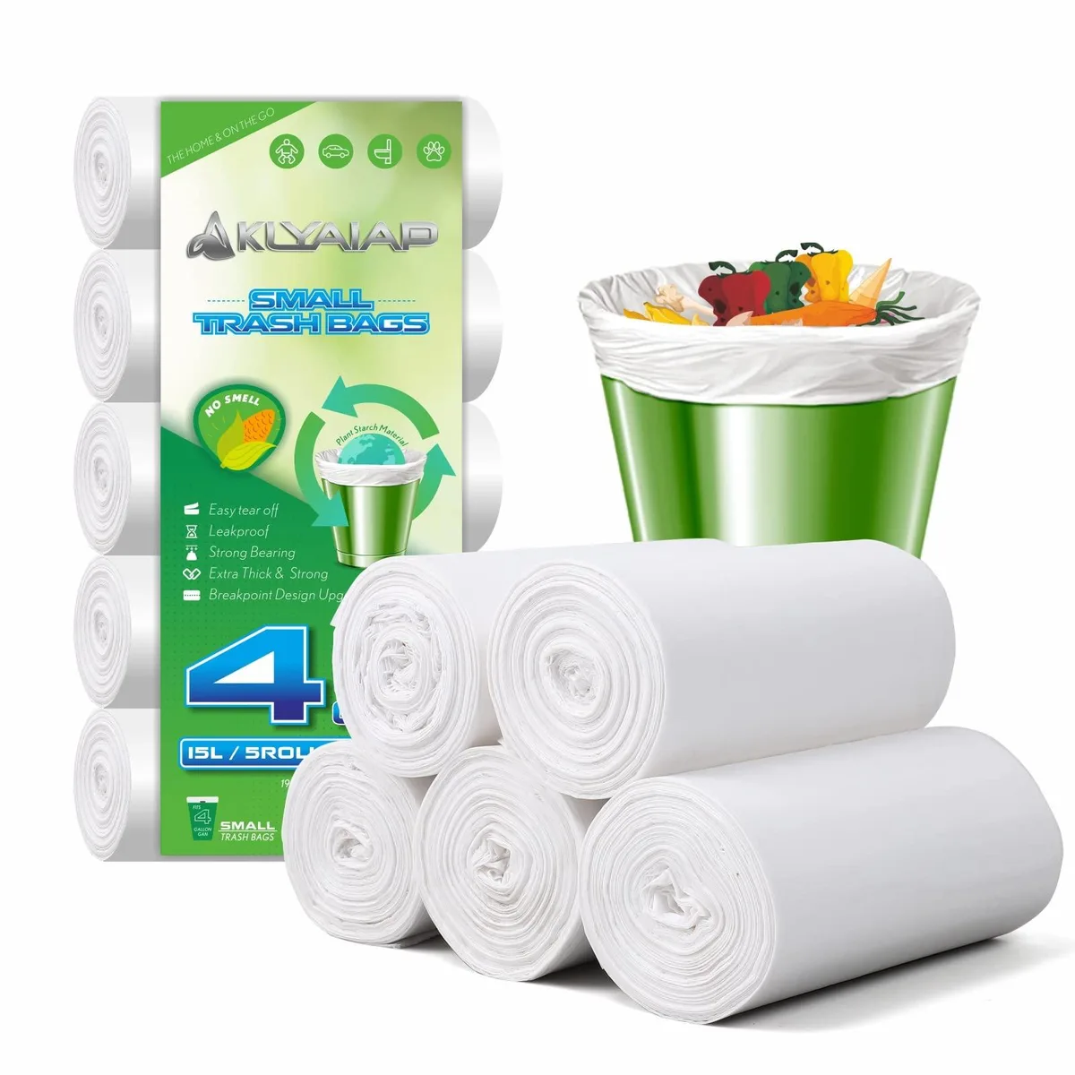 White 4 gallon trash bags on perforated rolls, 220 count