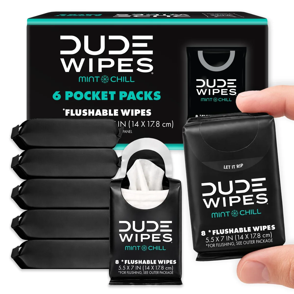 Six mint-scented pocket packs of flushable wipes, 48 count, plant-sourced fibers