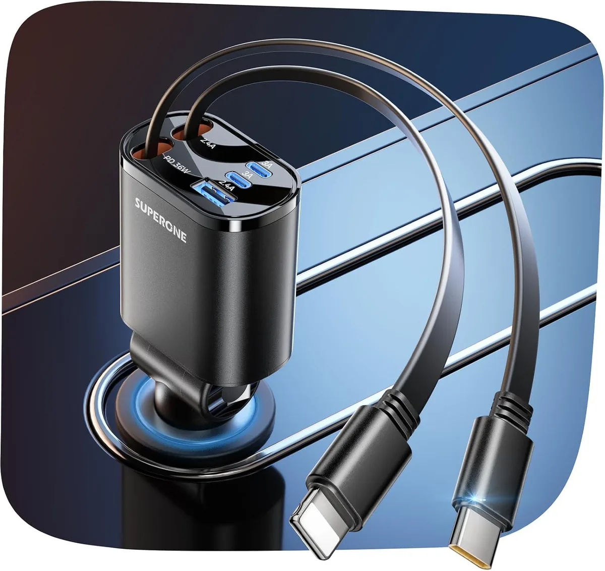 Hamzan Hamzan 5-in-1 Retractable Car Charger 90W Dual Cables Black — product photo