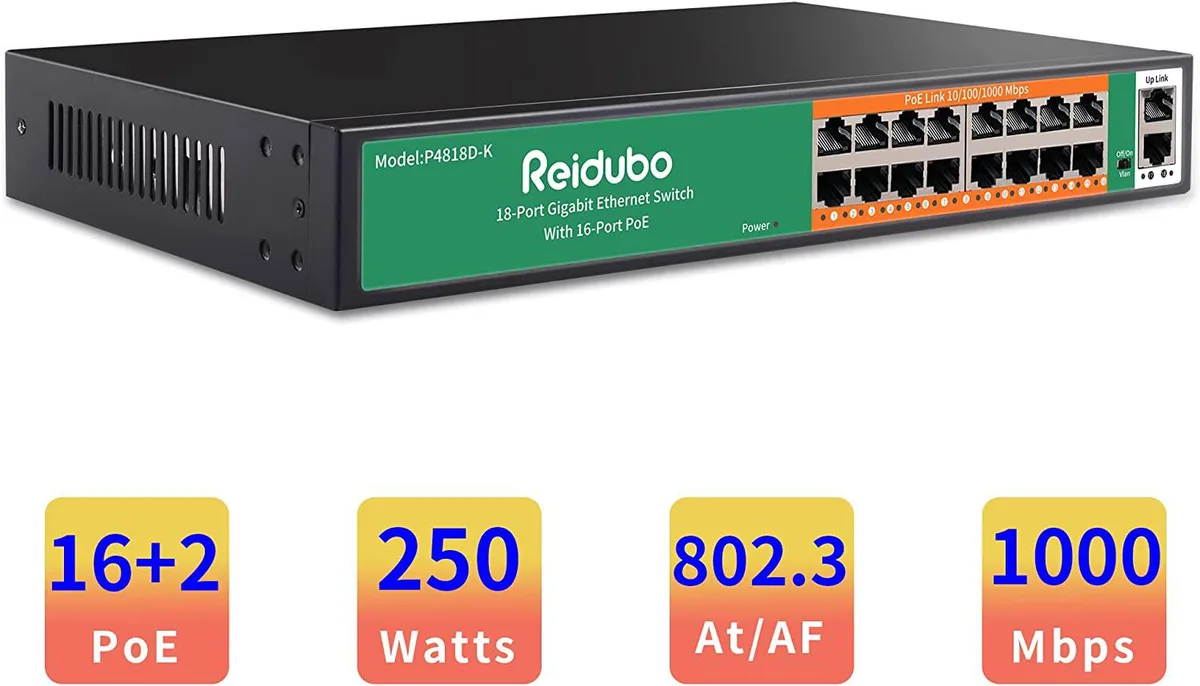 BFKK BFKK 18-Port Gigabit PoE Switch 16 PoE + 2 Uplink 250W Fanless Rackmount — product photo