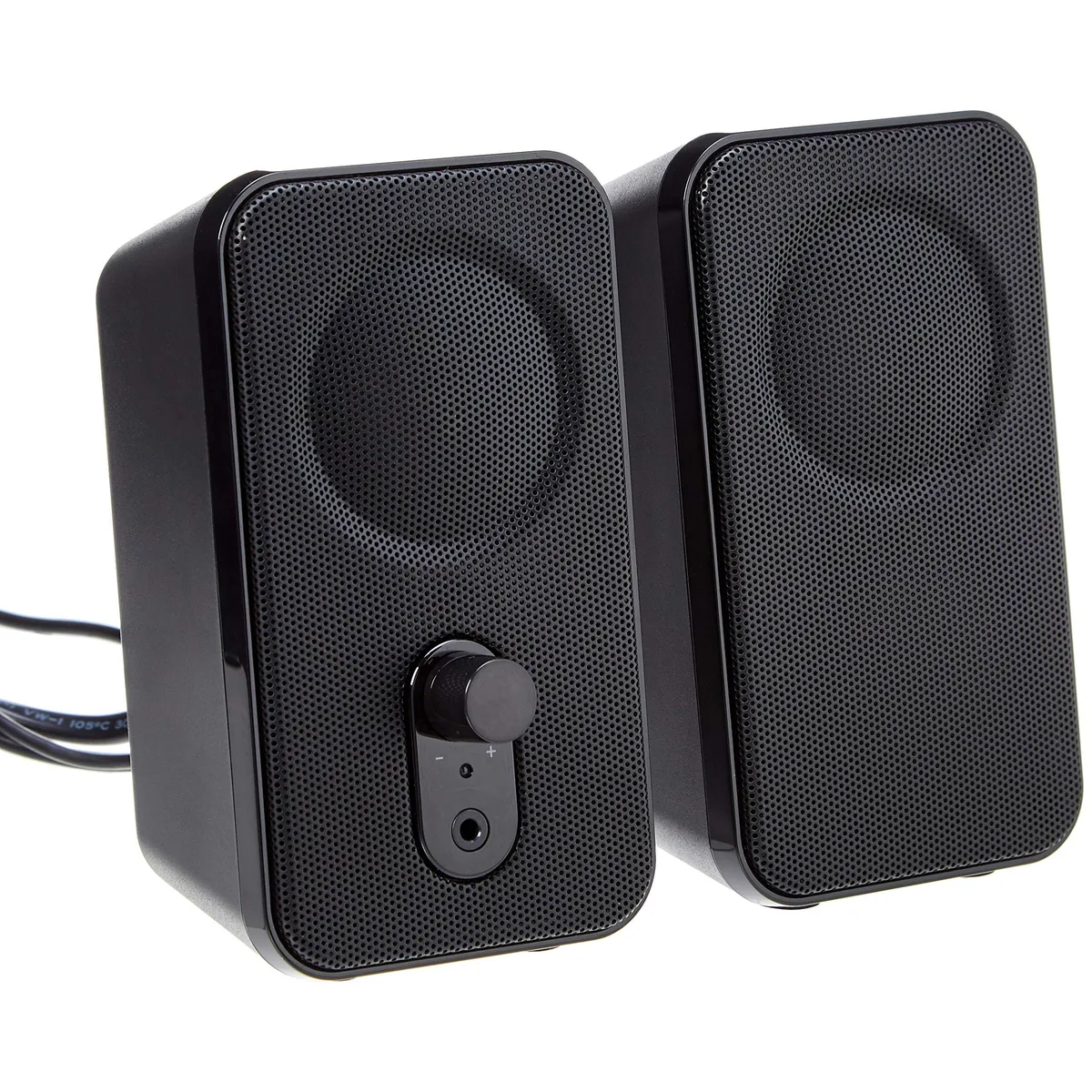 Black desktop speaker pair with front volume knob and headphone jack