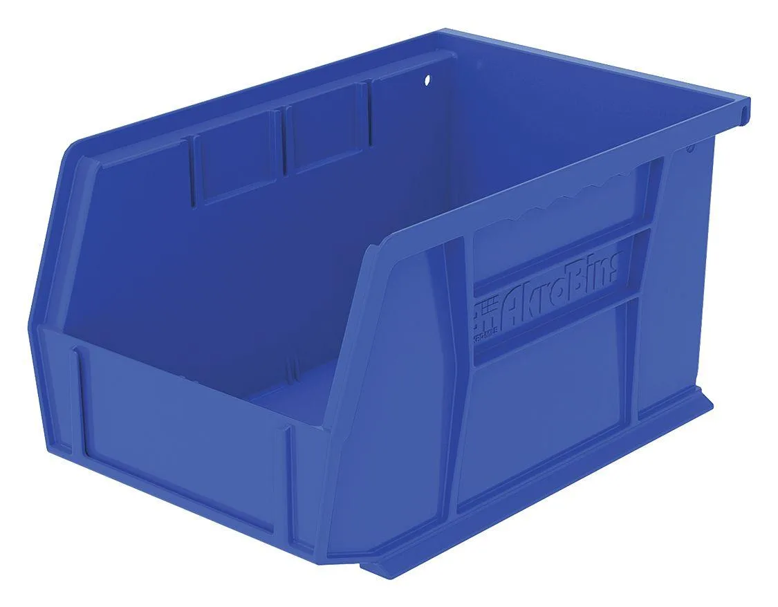 Blue plastic hang-and-stack storage bin with label holder and divider slot