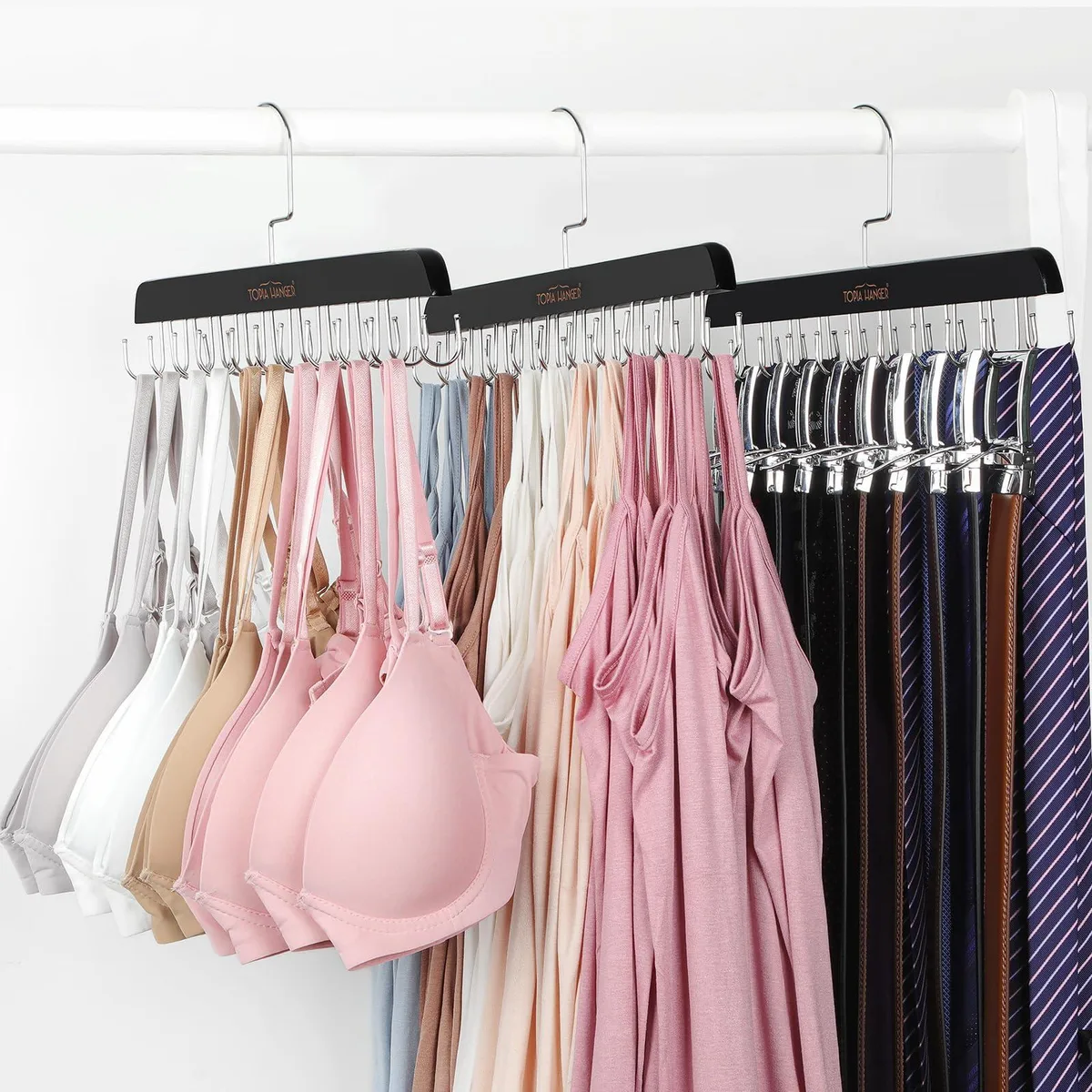 Two wooden hangers with foldable metal hooks, 20 hooks each, 360° swivel top hook