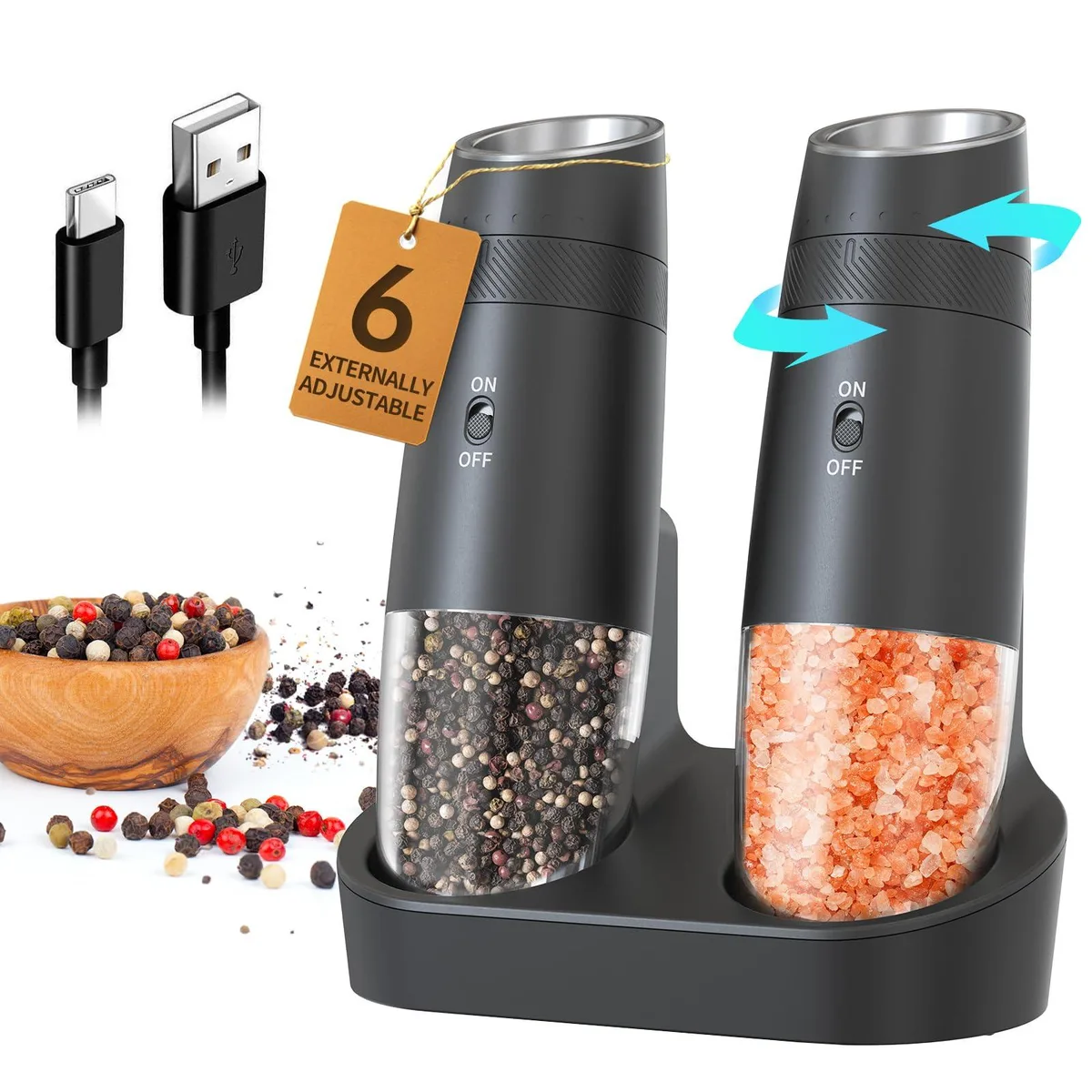 Two bamboo electric grinders on a dual rechargeable base with USB-C cable