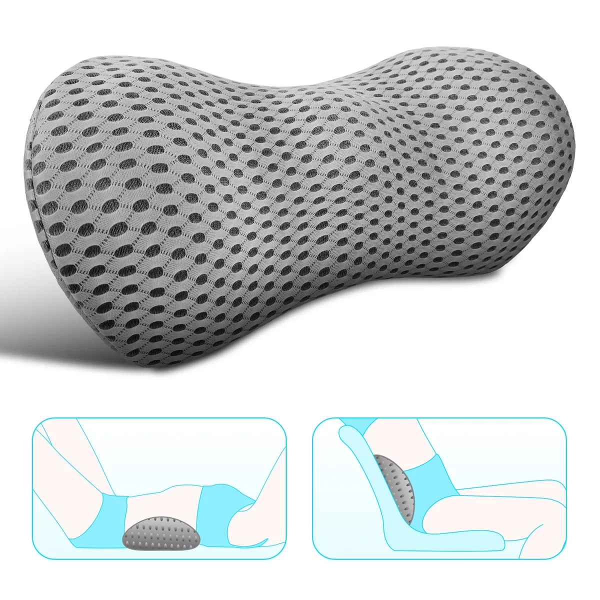 Ten grey 18 inch lumbar support pillows stacked together