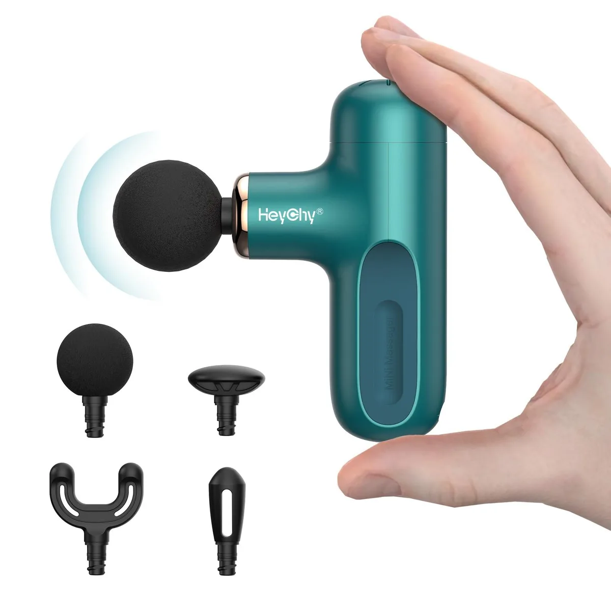 Small blue T-shaped massage gun with matte finish and rounded edges