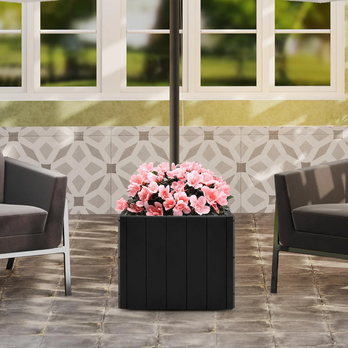 Black square umbrella base planter with four wheels and wood-grain texture