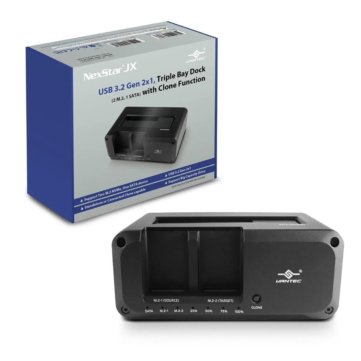 Black aluminium triple bay dock with two M.2 slots and one SATA bay