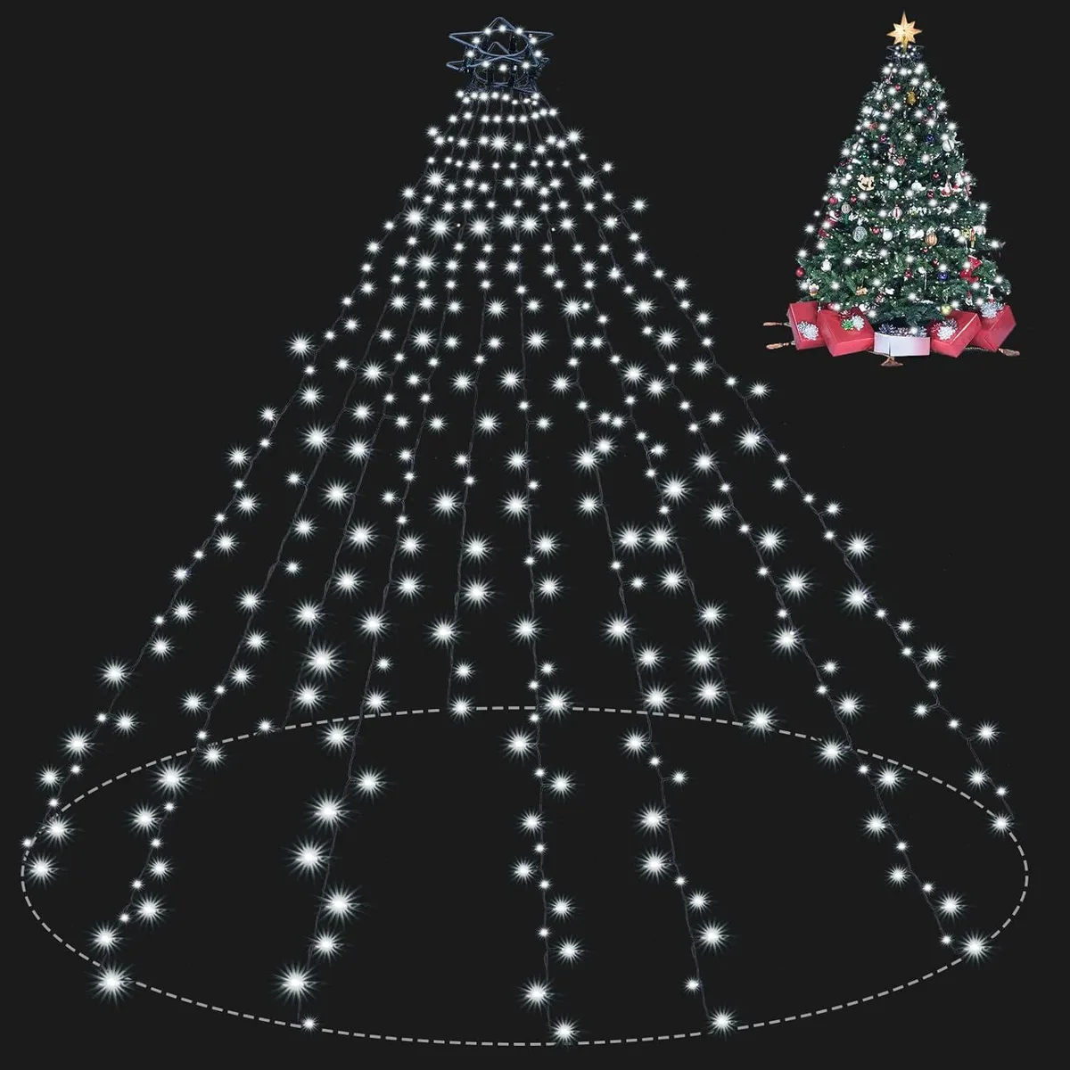 Cool white LED string lights on a ring with 10 vertical strands, 400 LEDs total, 9.84 ft length, 16.4 ft lead wire