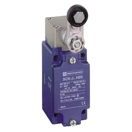 Telemecanique limit switch with side-mounted roller lever, grey industrial housing