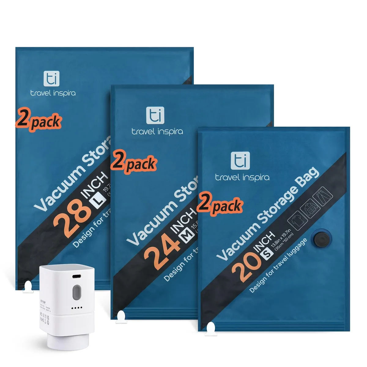 Six Oxford cloth vacuum bags in three sizes with wireless pump