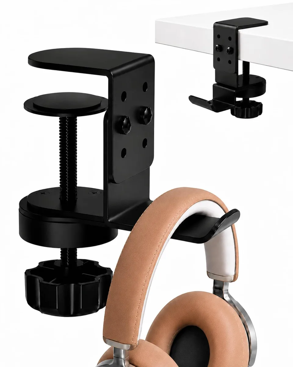 Black metal clamp hook with rotating arm and protective pads
