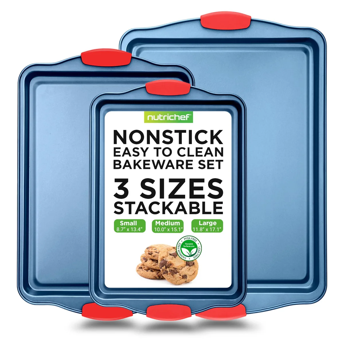 Three carbon steel baking pans with blue nonstick coating and red silicone handles
