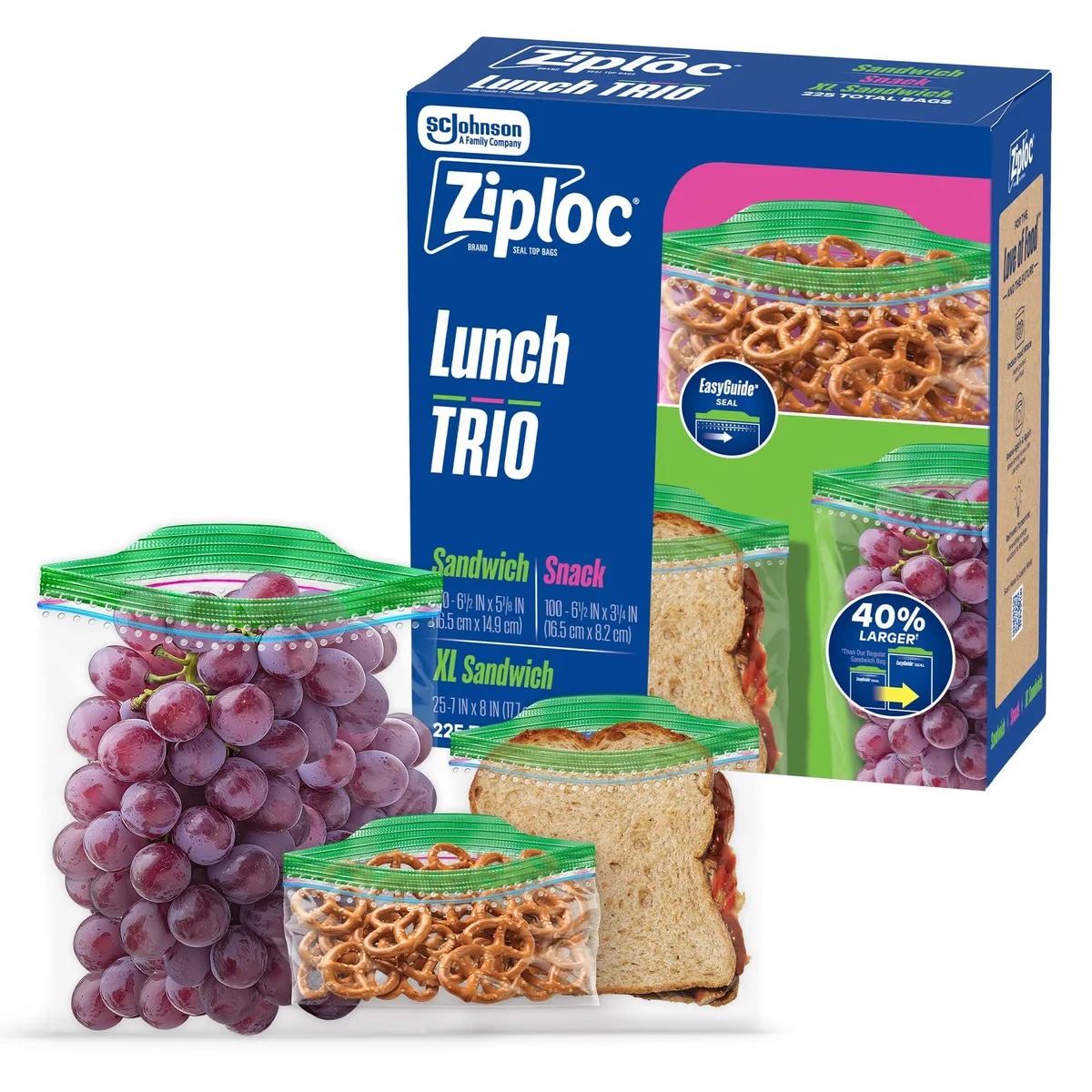 A compact cardboard box containing 225 plastic food storage bags in three sizes, beige finish