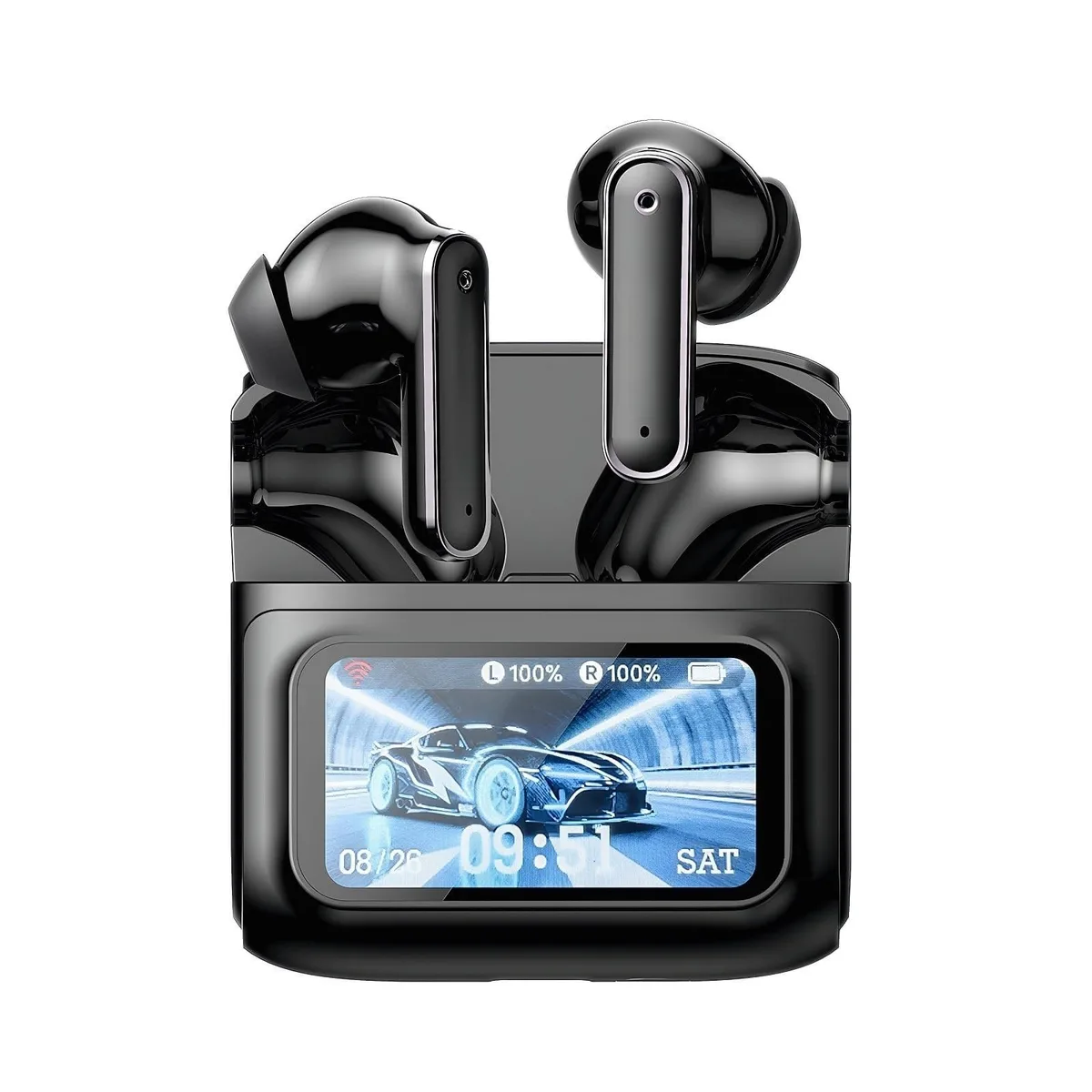 Black wireless earbuds with smart touch screen charging case