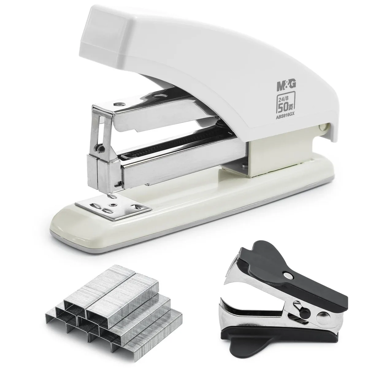 White desktop stapler with 50-sheet capacity and staple remover