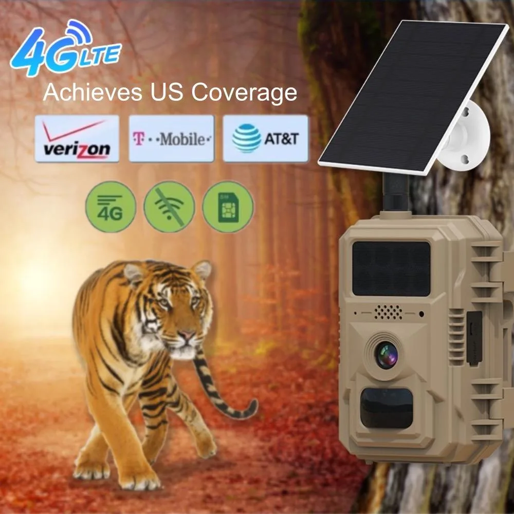 Brown rectangular trail camera with front lens, solar panel on top, camouflage texture, strap loops visible