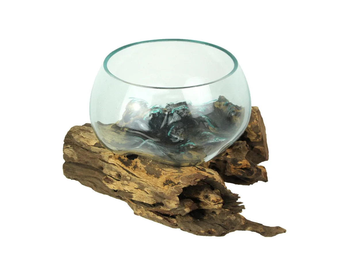 Village Originals Village Originals Melted Glass Bowl on Teak Driftwood 15x8 in — product photo
