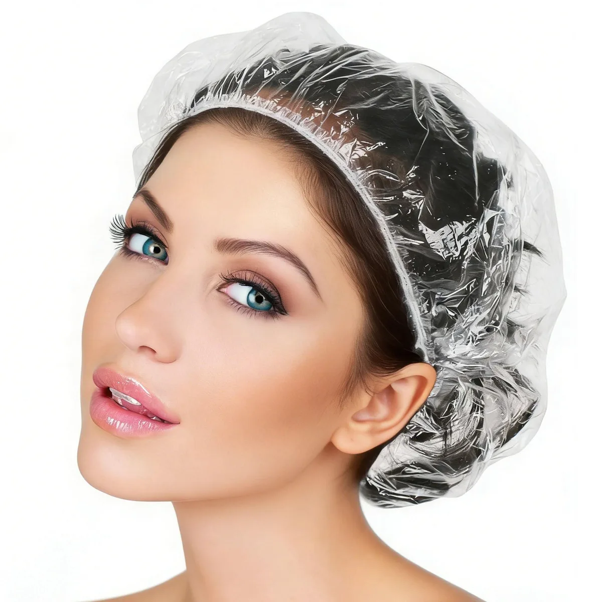 Pack of 100 clear elastic plastic shower caps, 52cm diameter