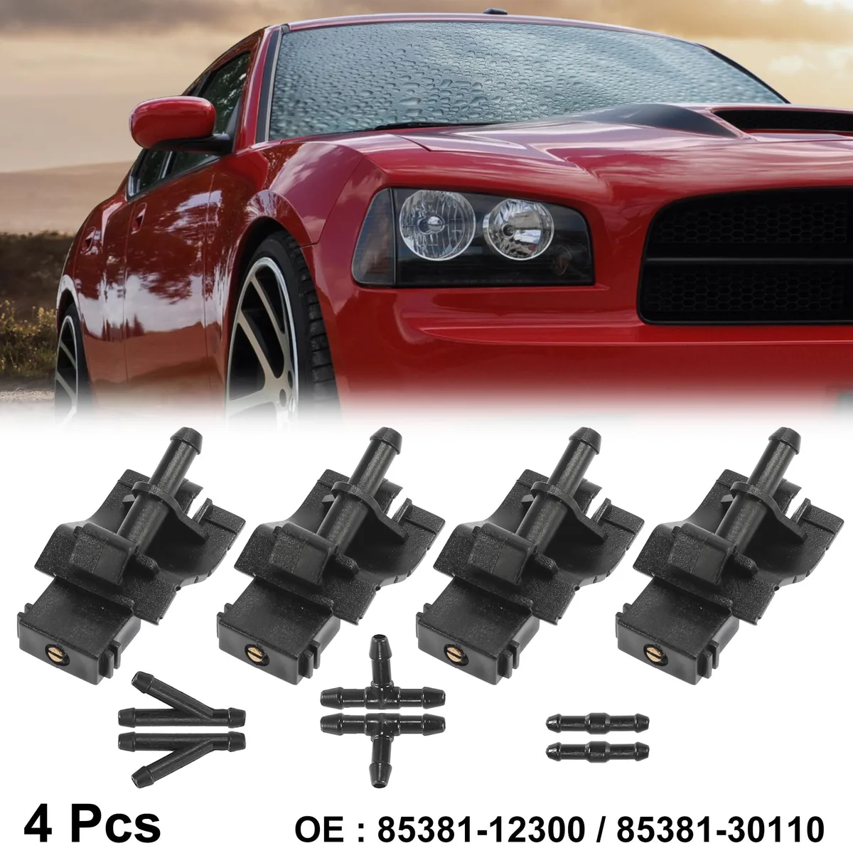 Four black plastic windshield washer nozzles with six rubber adapters