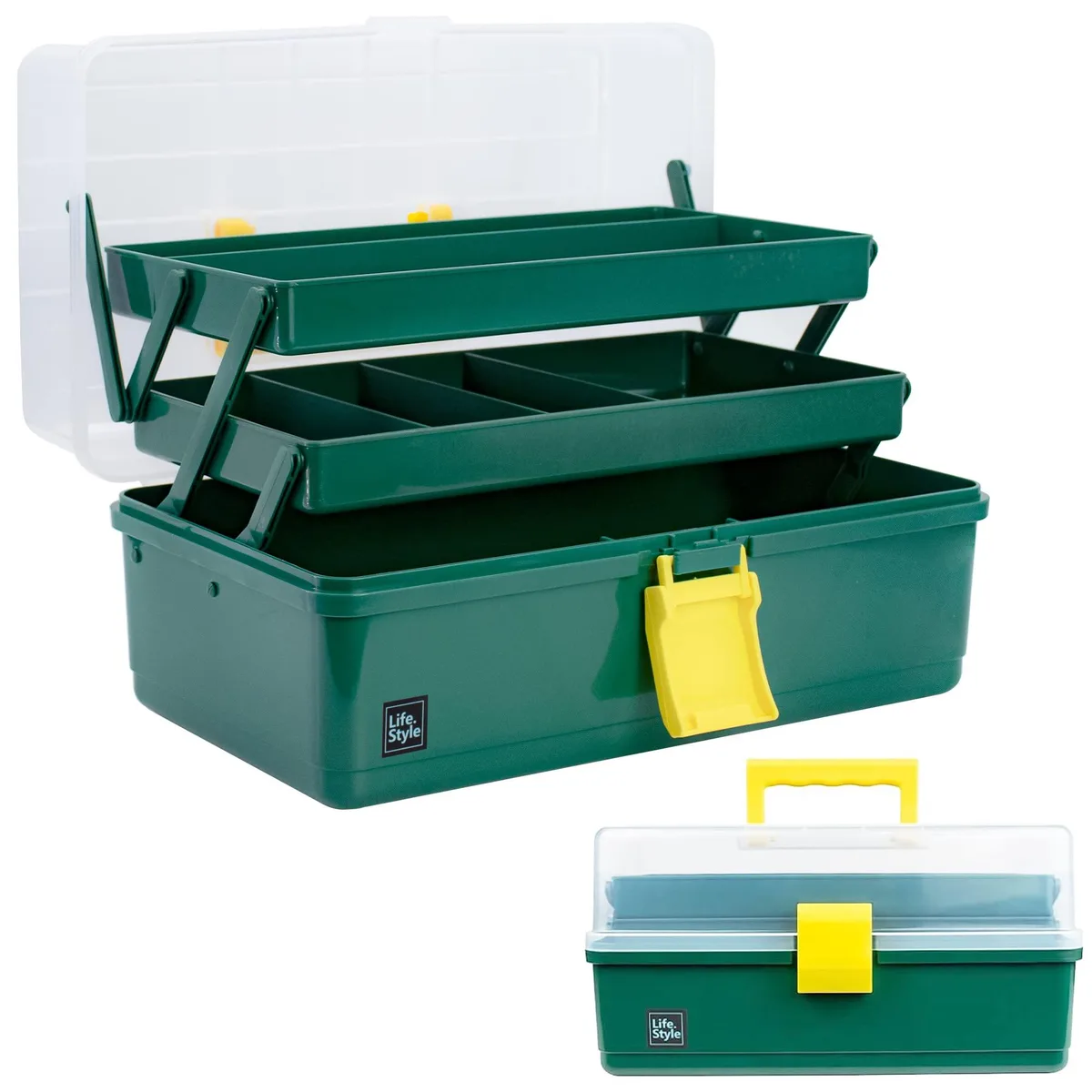 Dark green 13-inch polypropylene tool box with three layers and a transparent lid, 33 x 18 x 18 cm
