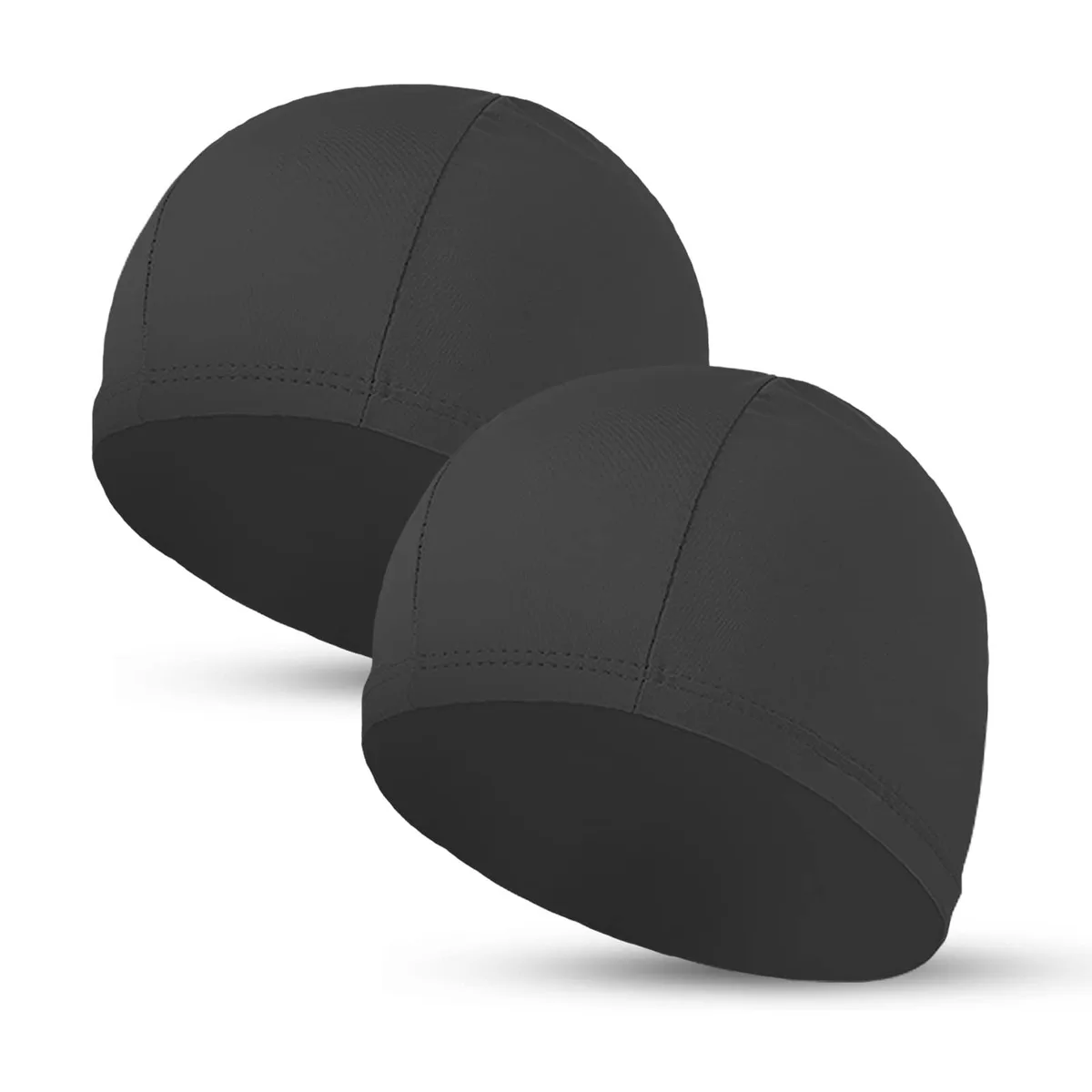 Two black nylon swim caps, soft fabric, one size fits all