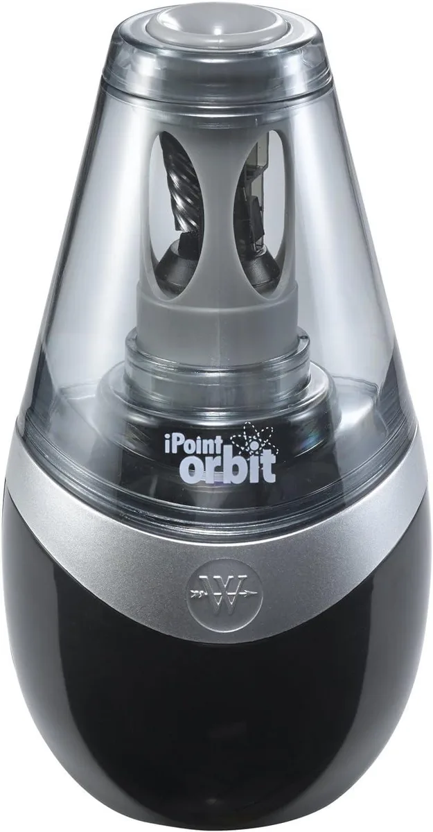 Black battery-powered pencil sharpener with silver accents and transparent shavings reservoir