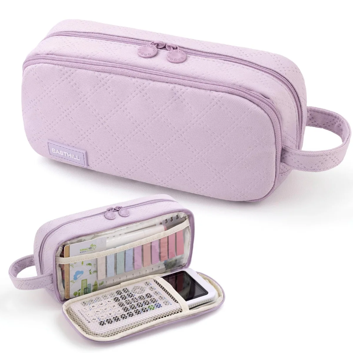 Purple polyester pencil case with quilted finish and top handle