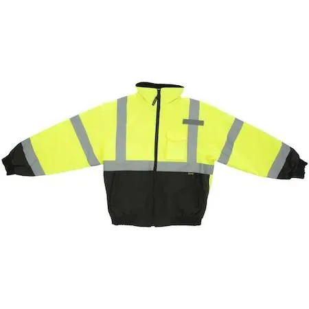 Yellow bomber jacket, 4XL, packable hood, reflective stripes, black bottom, zipper front