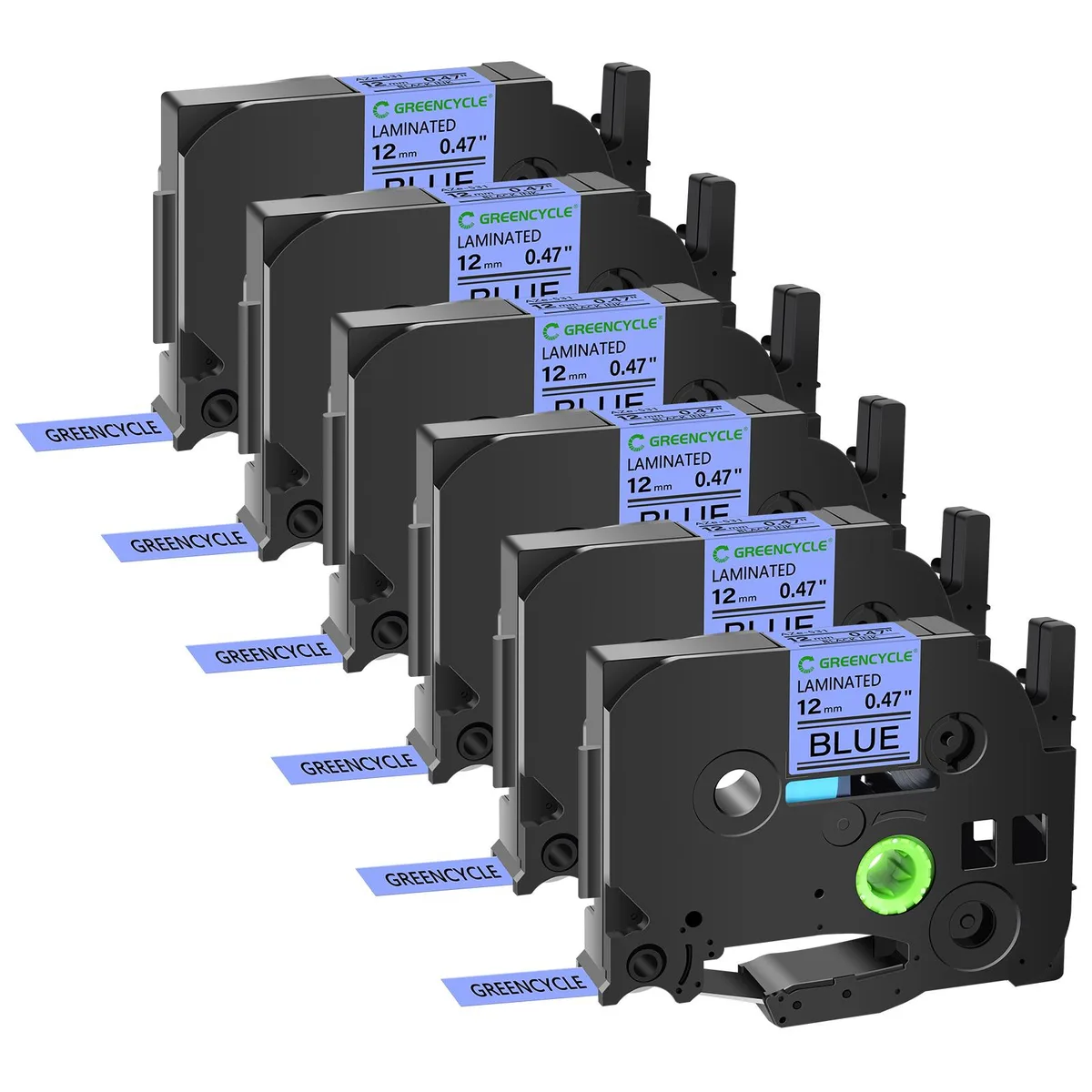 GREENCYCLE GREENCYCLE TZe-531 12mm Black on Blue Laminated Tape 6 Pack — product photo