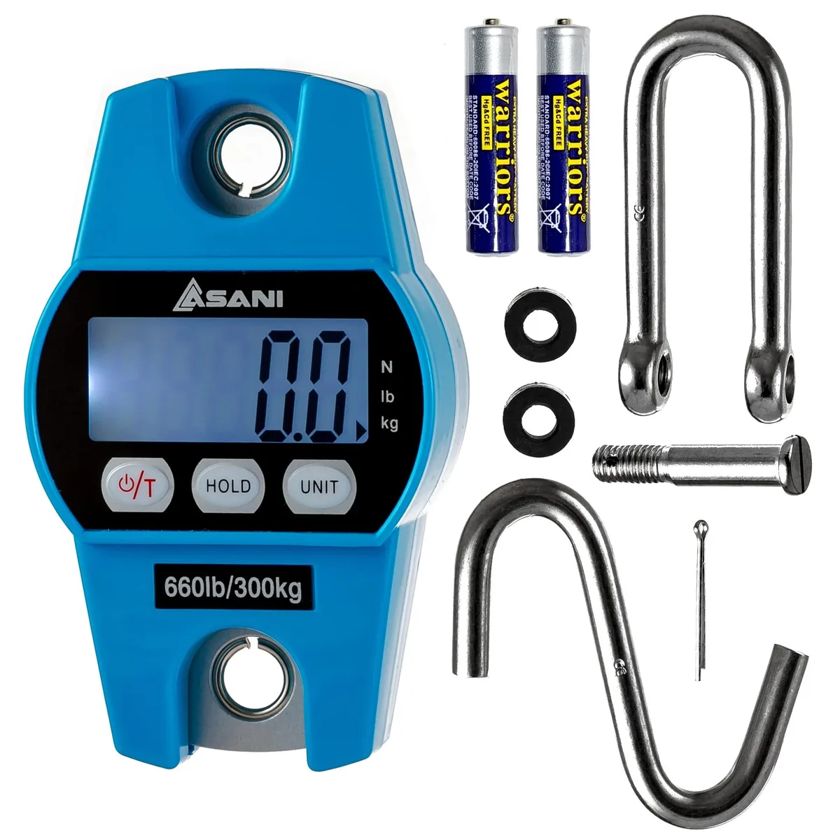 Blue polycarbonate digital hanging scale with stainless shackle and hook, backlit LCD display, compact rectangular body