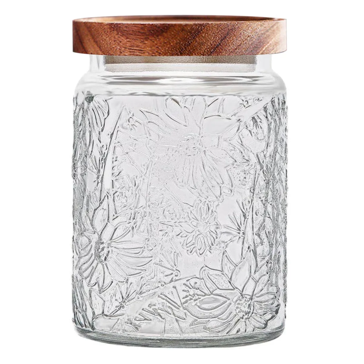 Clear round glass jar with vintage floral pattern and natural wooden lid, 6.3 inches tall