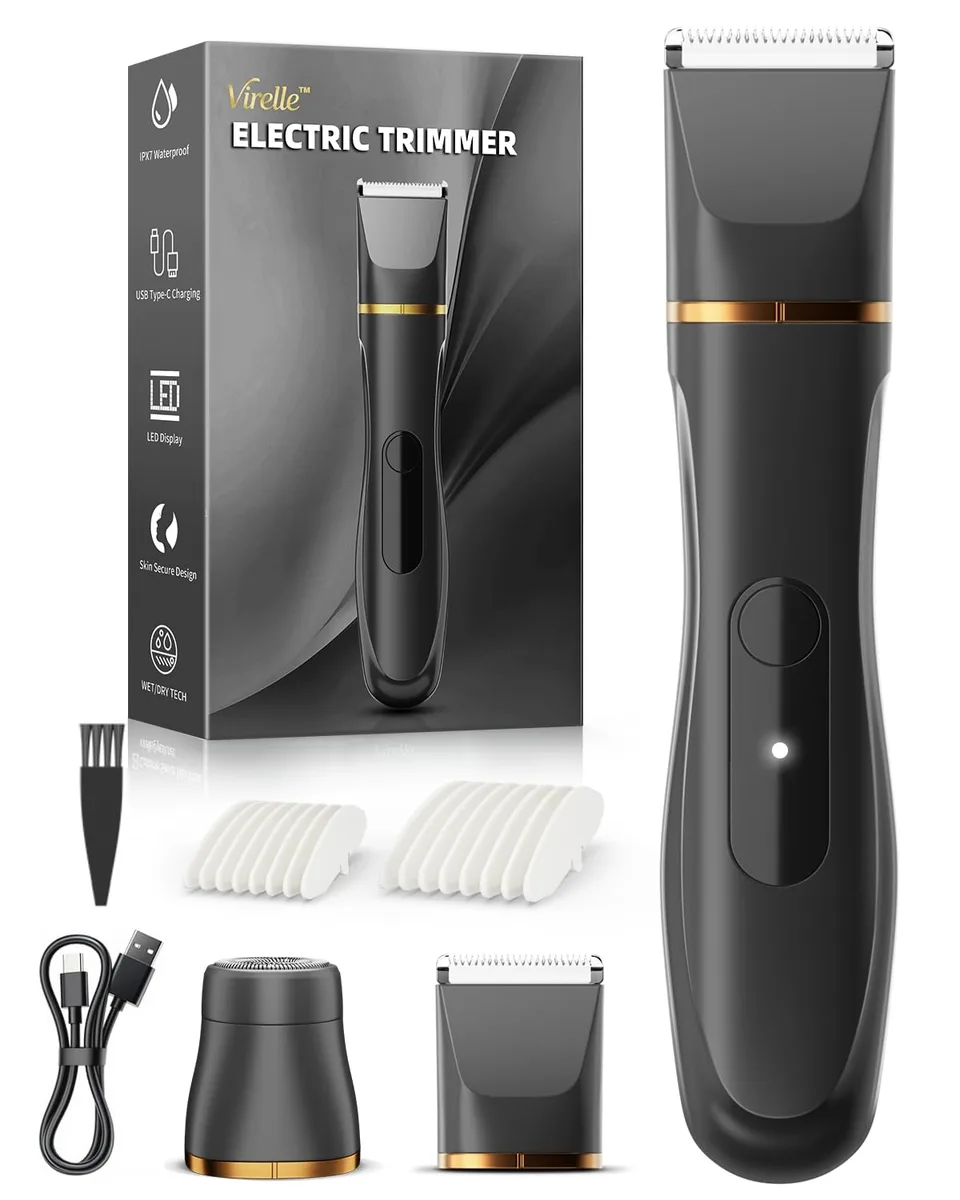 Black cordless foil trimmer with ceramic head and guide combs, slim 163 mm body, IPX7 waterproof rating