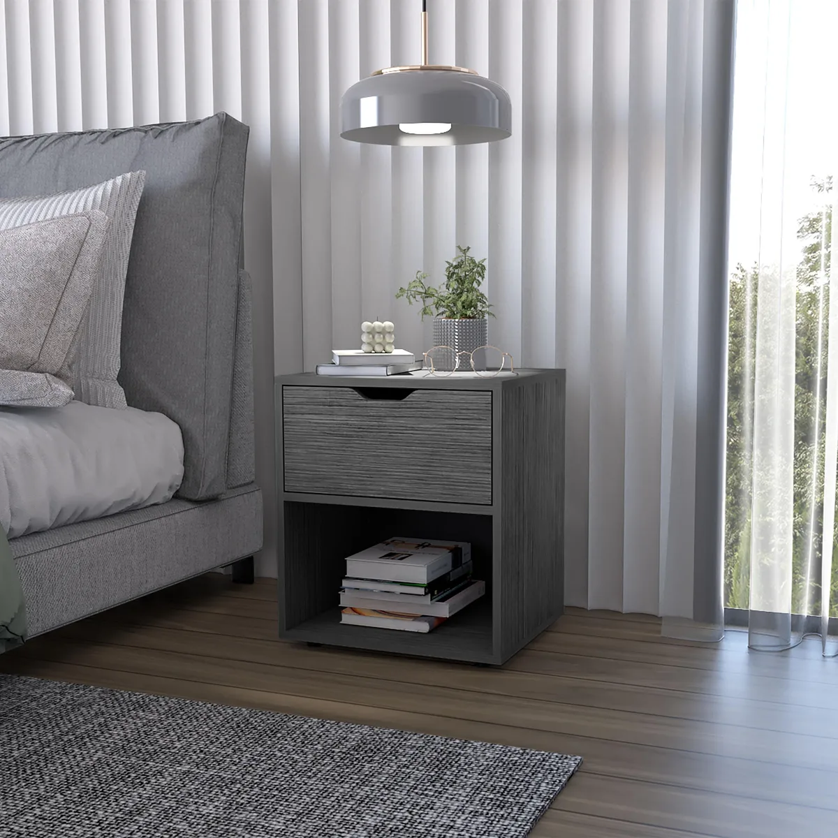 Light grey nightstand with one drawer and open lower shelf, particle board finish