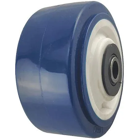 Blue polyurethane caster wheel with plastic core and roller bearing