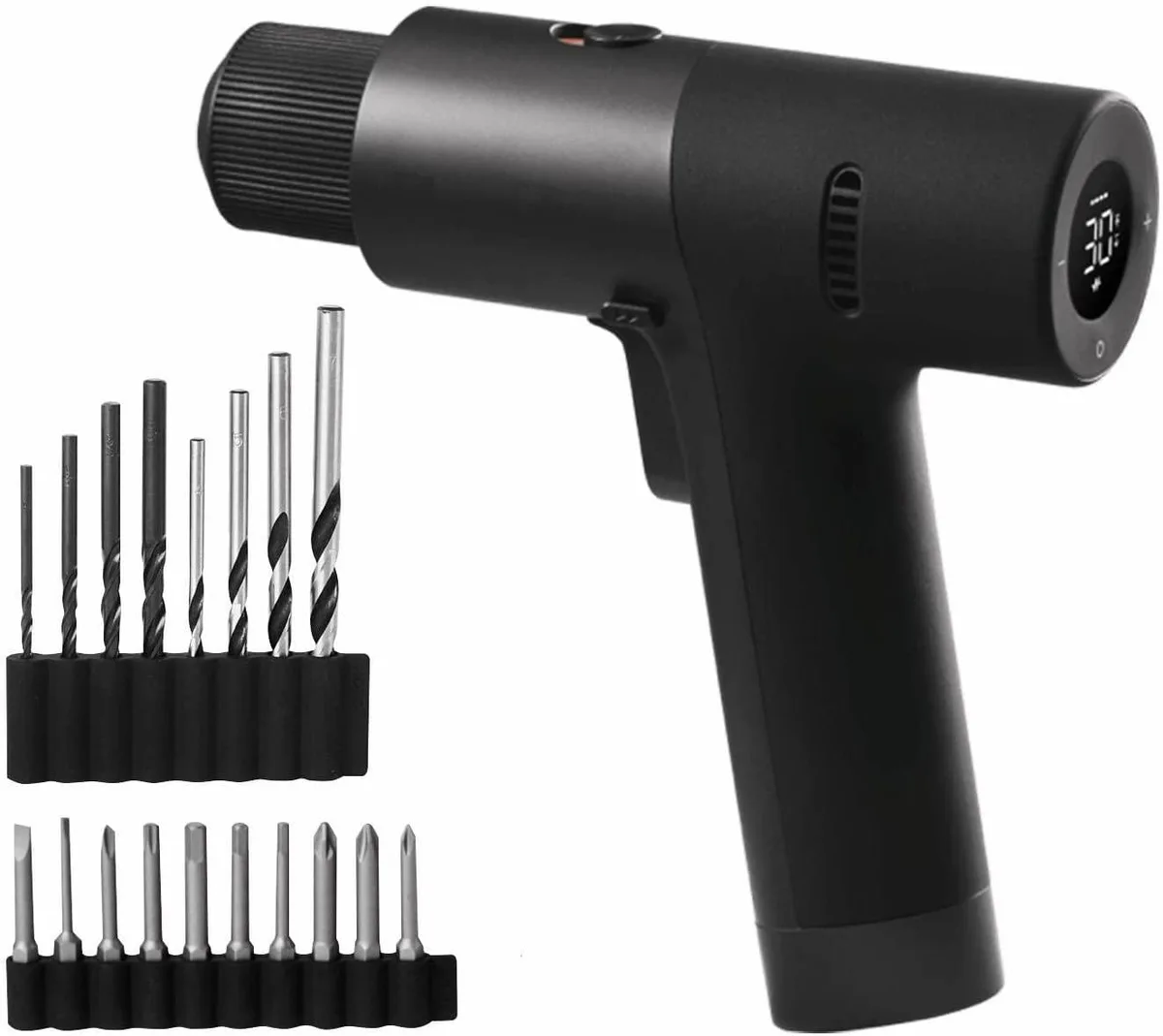 Compact 12V cordless drill with matte finish, LED display screen, 3/8 inch keyless chuck, USB-C charging, 2000mAh battery