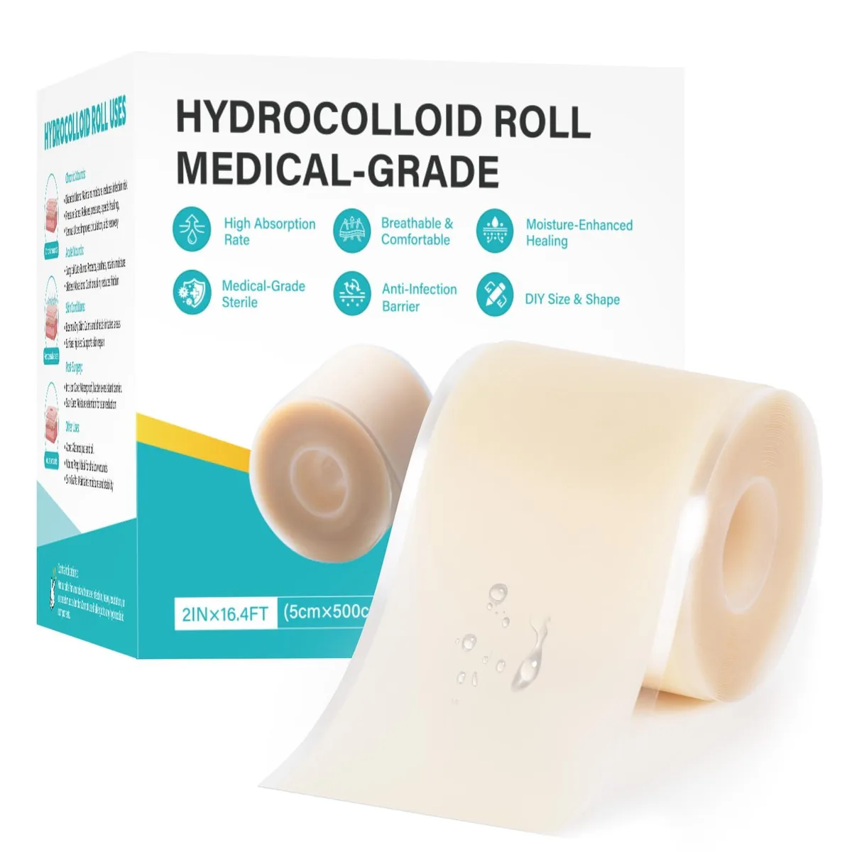 Beige hydrocolloid wound care roll 16.5ft long in dispenser box
