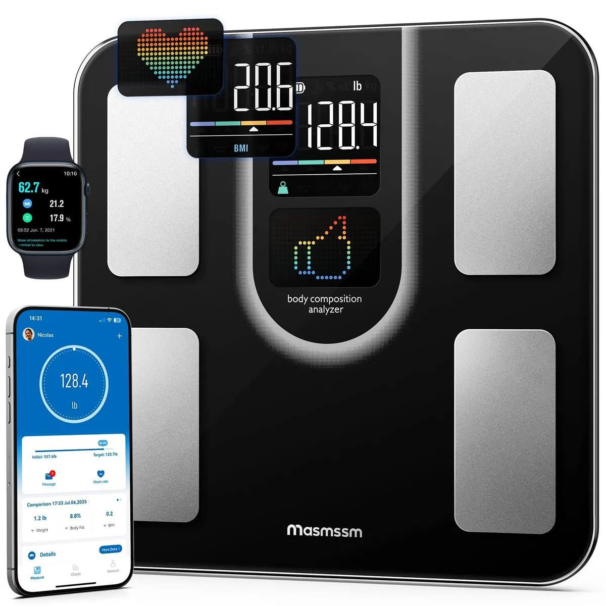 masmssm FG2016LB-B bath scale black 400lb 22 metrics 24 users — product photo