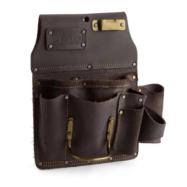 OX Tools left-handed drywall pouch in oil-tanned leather with 12 tool holders, steel hammer loop and bronze finish