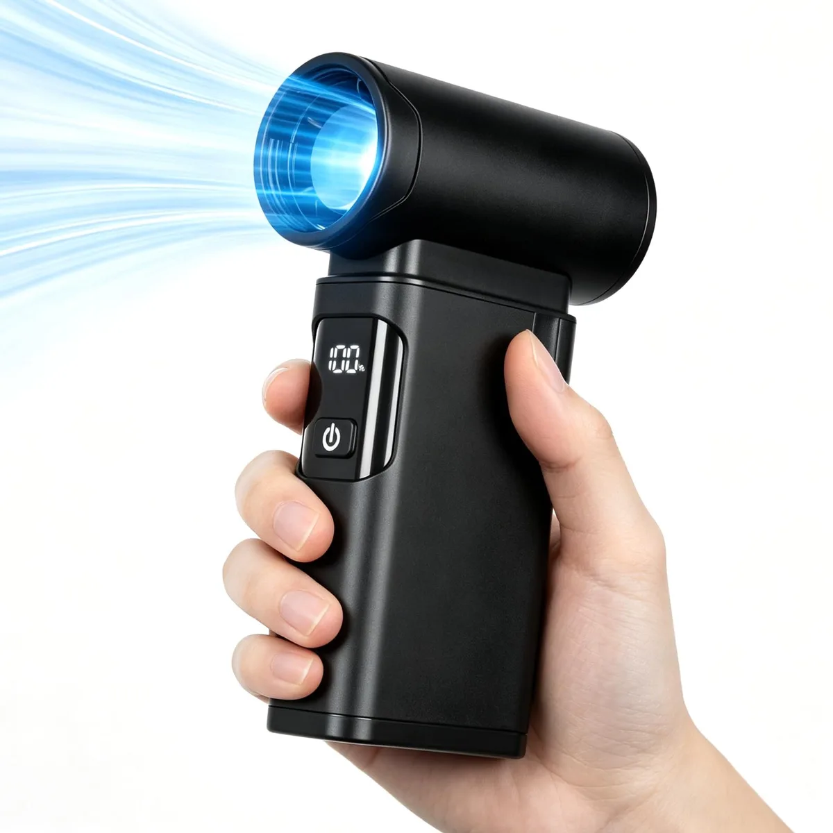 Black handheld turbo fan with rechargeable battery, compact rectangular shape