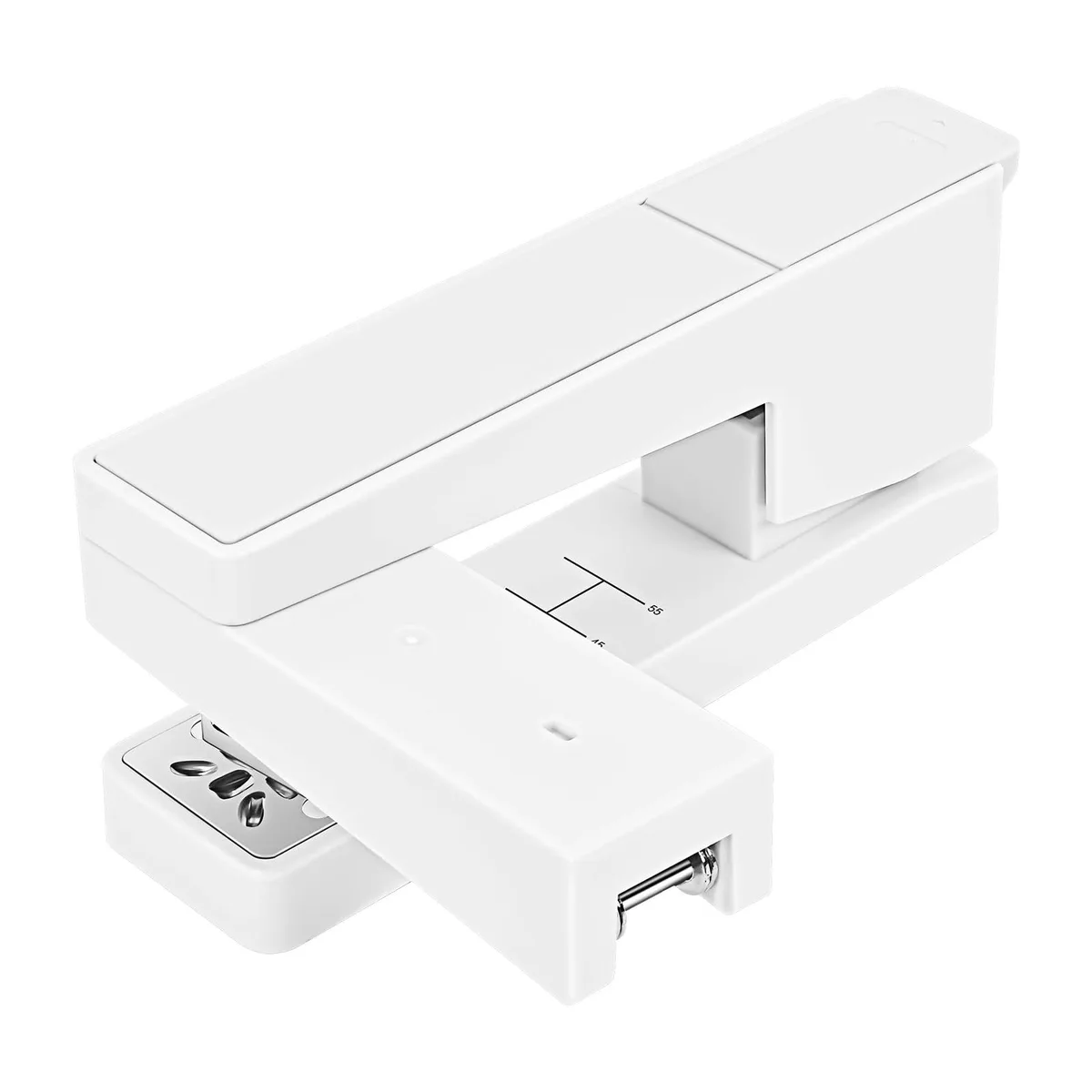 White swing-arm stapler with 360° rotating head and non-slip base