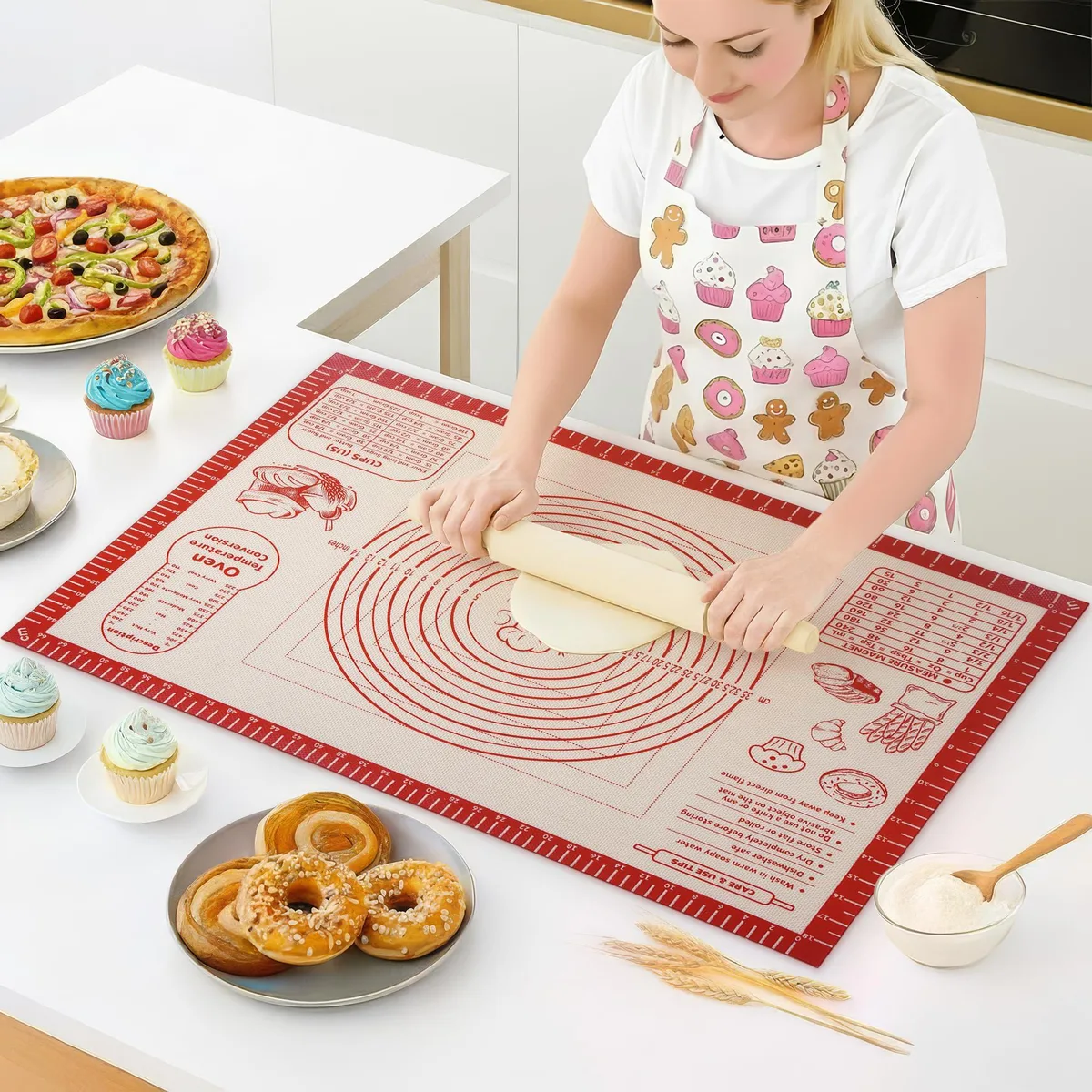 Large rectangular silicone baking mat with checkered pattern and printed measurement guides
