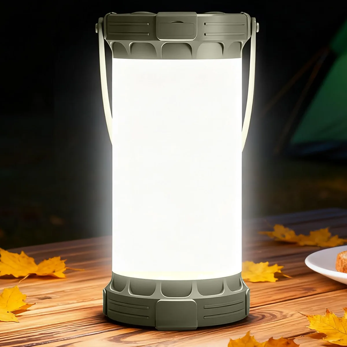 Cylindrical camping lantern with 135 LEDs, black finish, USB-C port, two hanging hooks, and control buttons